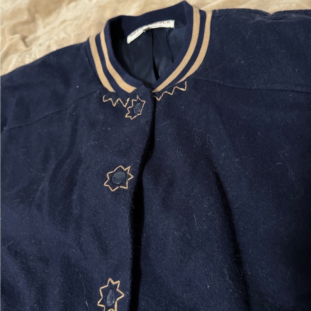 Free People Navy and Tan Home Run Varsity Jacket Women’s XL - Picture 3 of 5